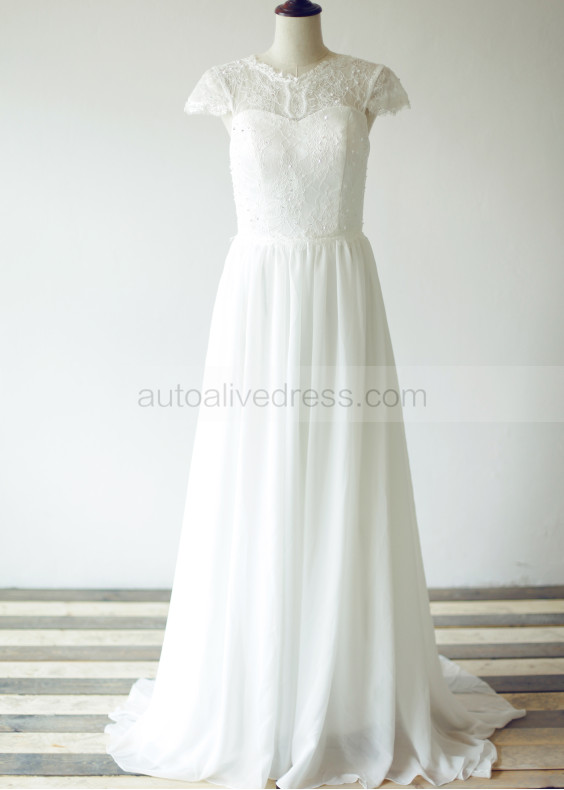 High Neckline Ivory Eyelash Lace Chiffon Sequined Sparkly Wedding Dress